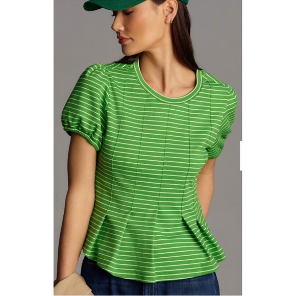 Maeve Green Striped Peplum Short Sleeve Top - Picture 2 of 9